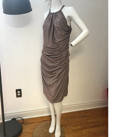 Le Chateau Chocolate Grey Gold Formal Cocktail Drape Halter Neck Bodycon Dress - Picture 2 of 6